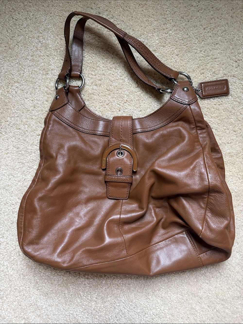 Coach Brown Leather Shoulder Bag with Buckle Accent